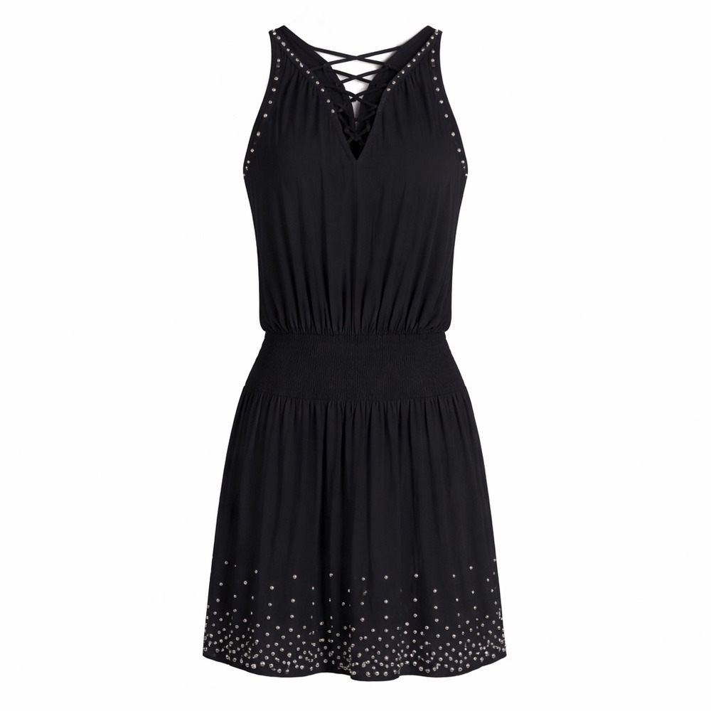 Ramy Brook Black Studded Dress Sleeveless Pleated Elastic Waist Mini Small